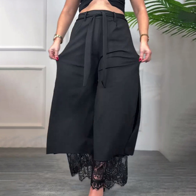 Stilvolle Weitbein-Hose mit Transparentem Spitzeneinsatz