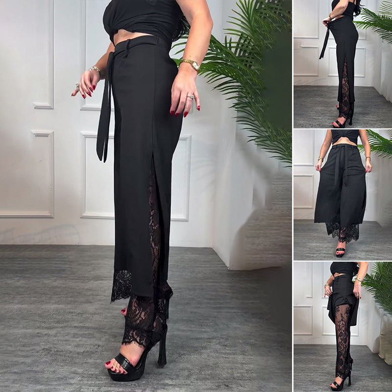 Stilvolle Weitbein-Hose mit Transparentem Spitzeneinsatz