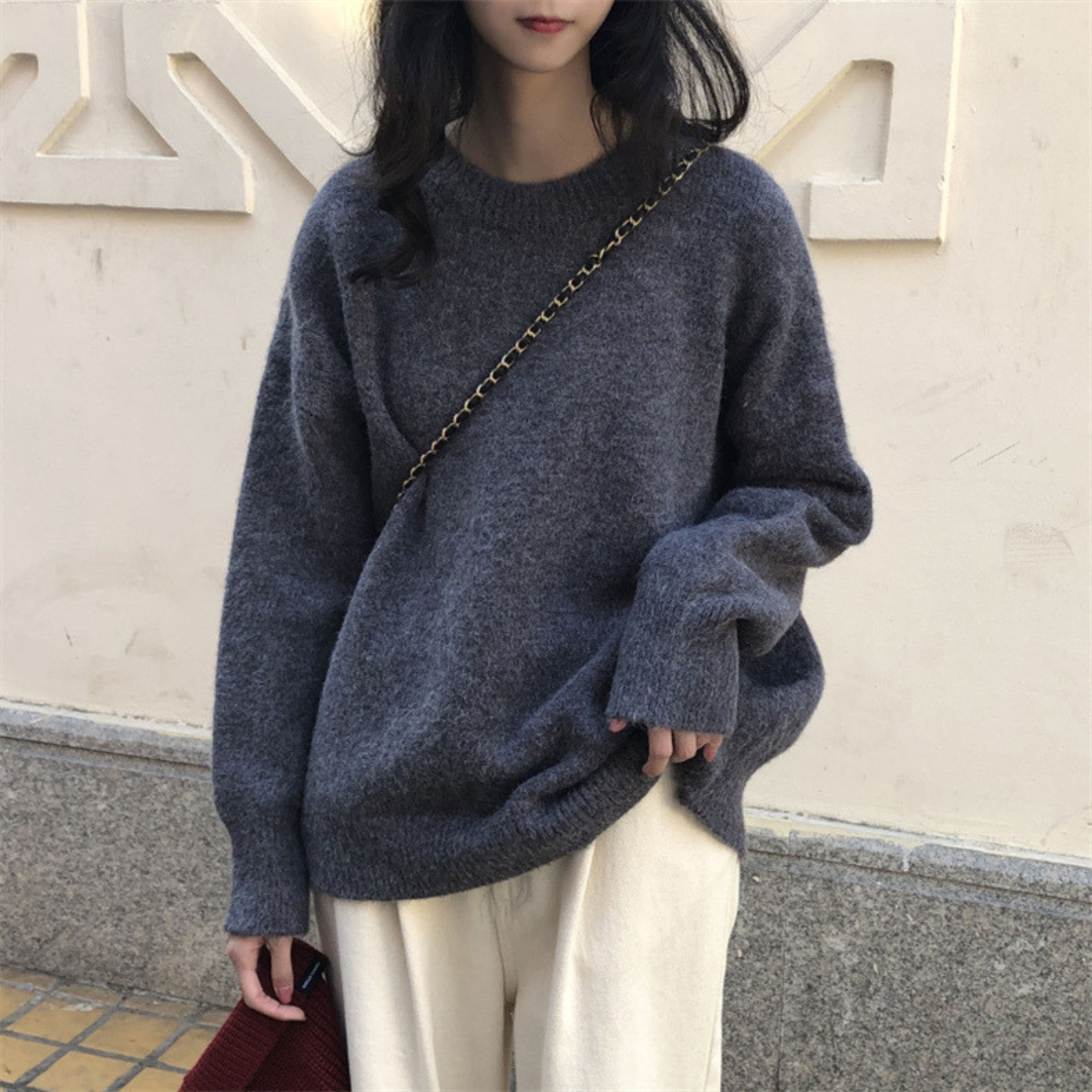 Gemütlicher, lässiger Strickpullover - Langarm, Rundhalsausschnitt