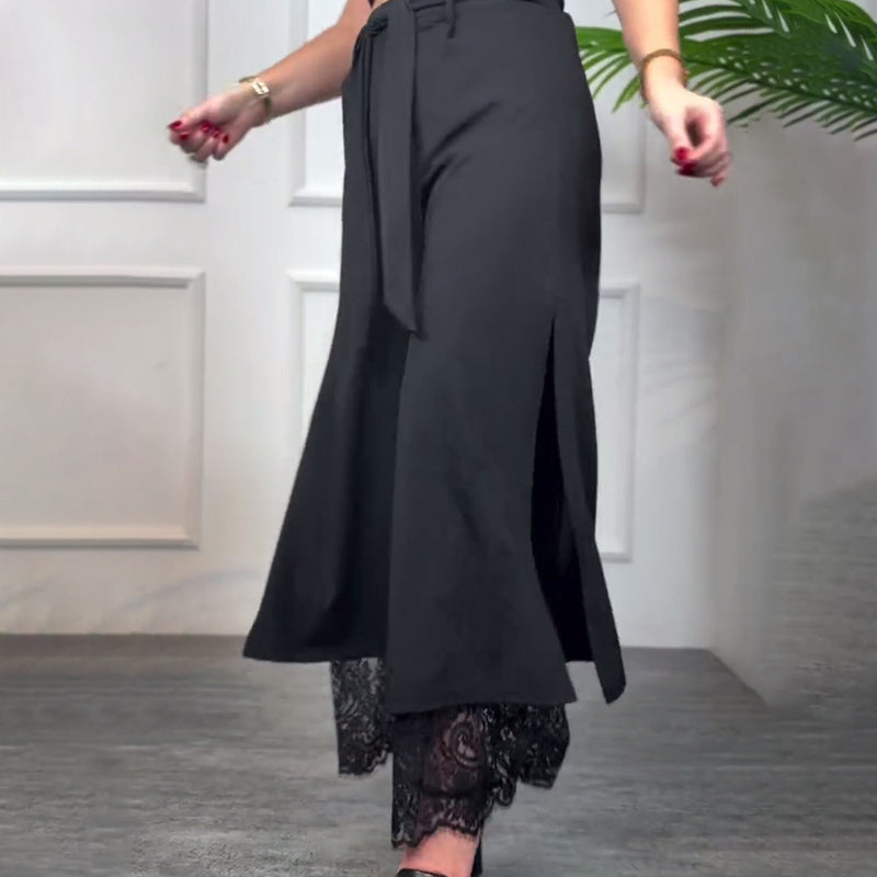 Stilvolle Weitbein-Hose mit Transparentem Spitzeneinsatz