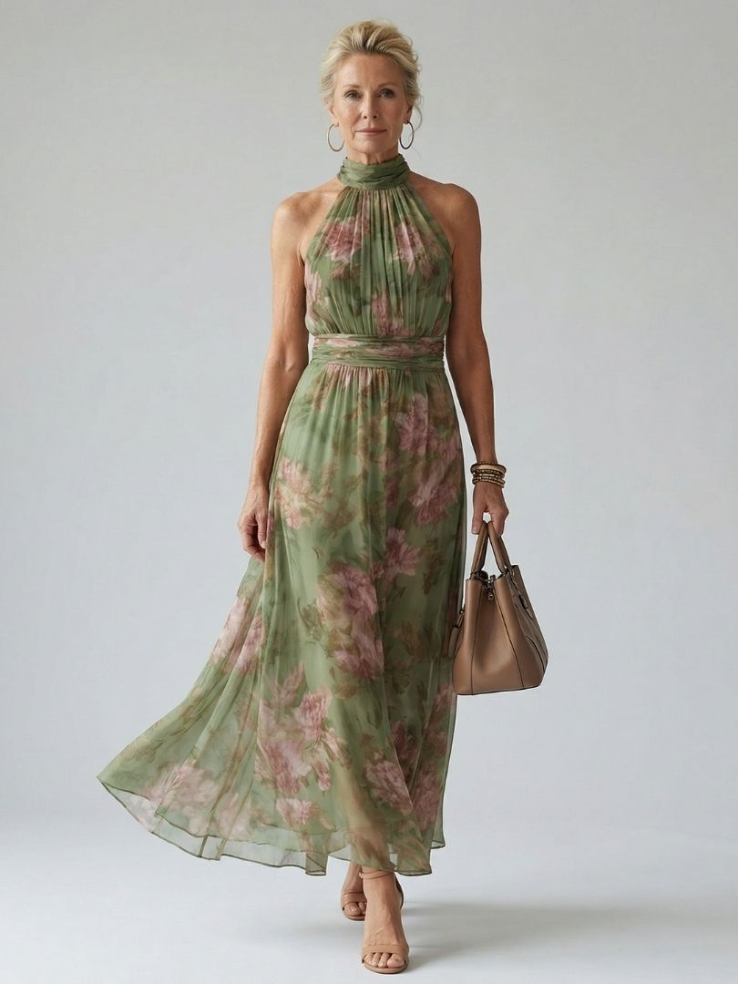 Paula | Midi-Kleid mit gerafftem Halterneck-Ausschnitt