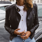 Schwarz Lederjacke mit Reißverschluss für Dame