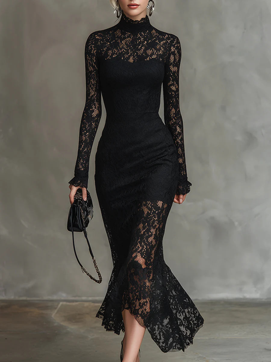 Monika | Schwarzes Spitzen-Maxikleid