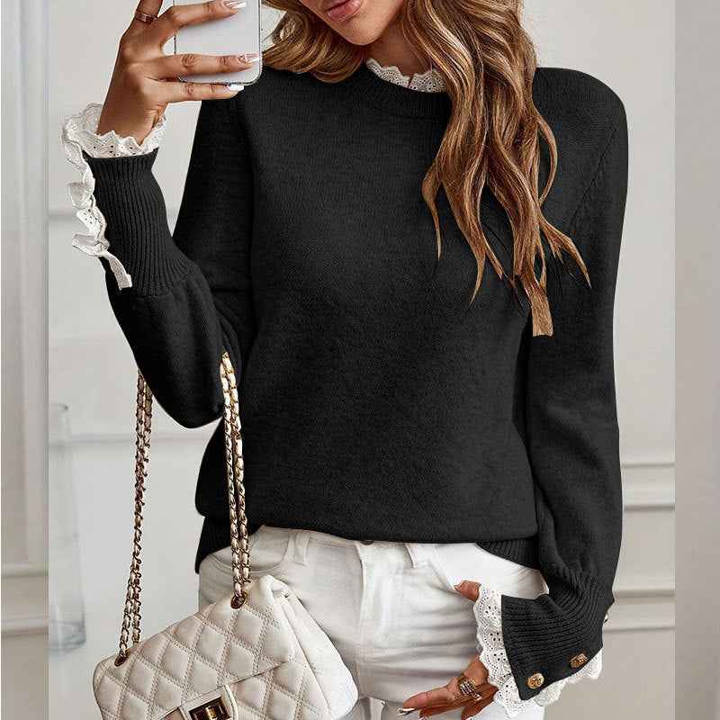 Strickpullover mit Spitzenbesatz Damen