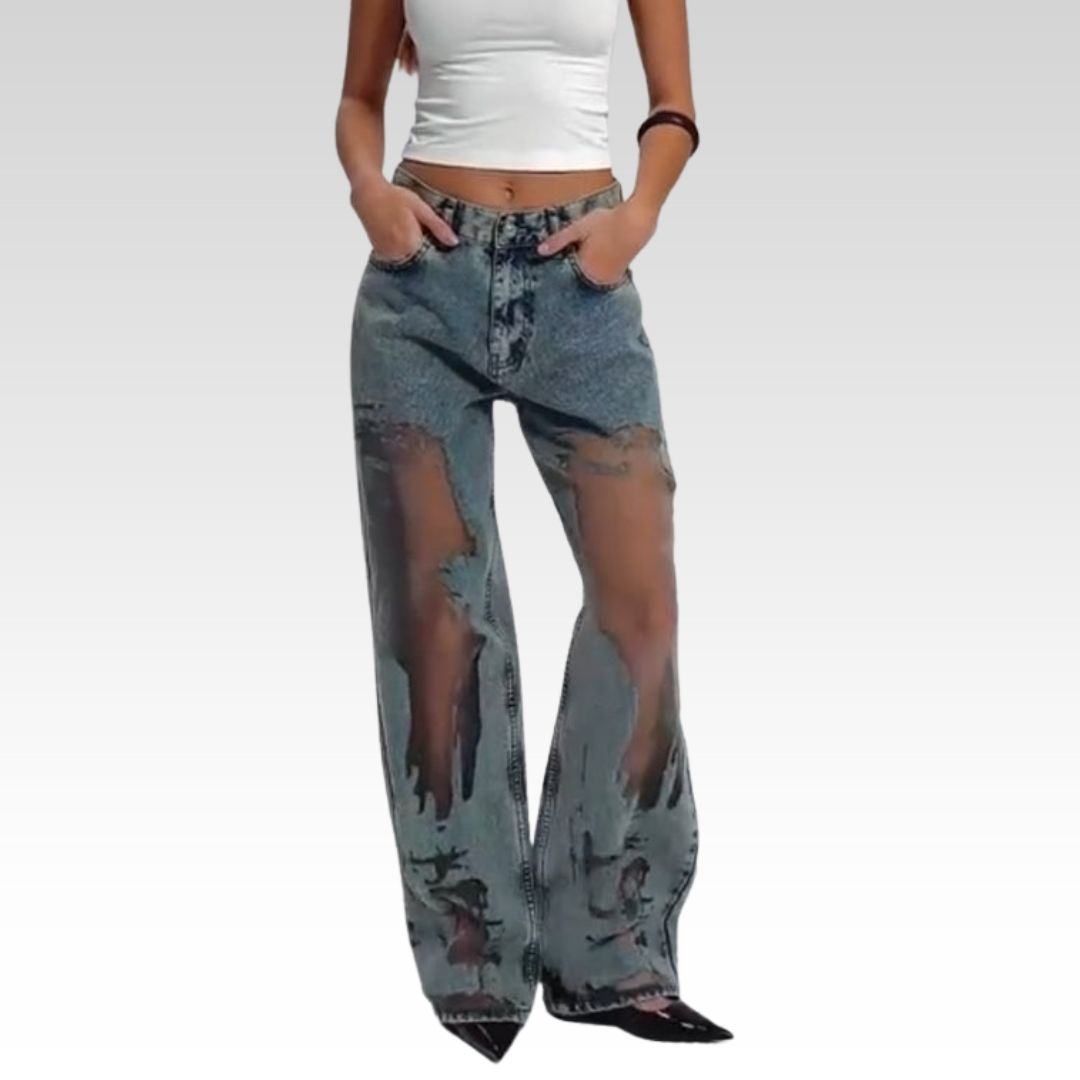 Jeans Mit Vintage Mesh Patchwork Print