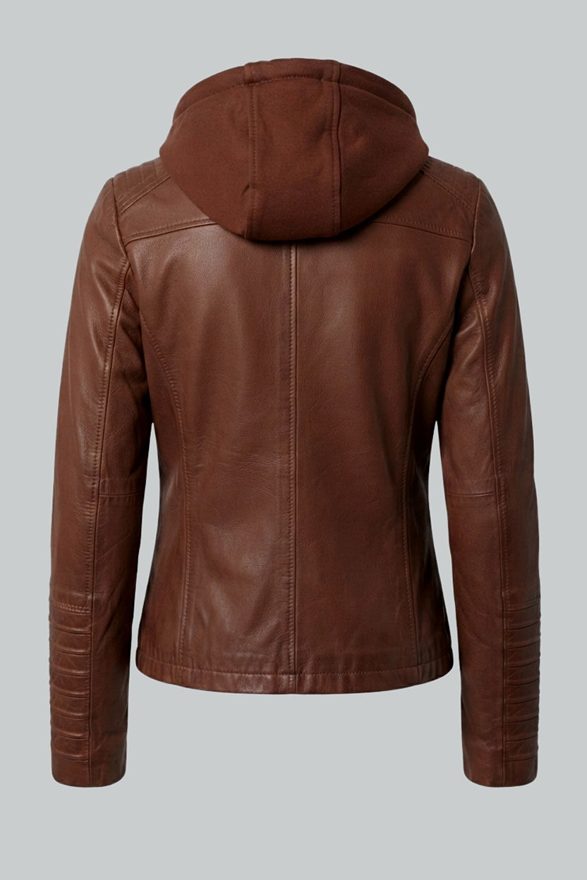 Cognac braune Lederjacke für Damen mit abnehmbarer Kapuze