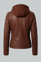 Cognac braune Lederjacke für Damen mit abnehmbarer Kapuze