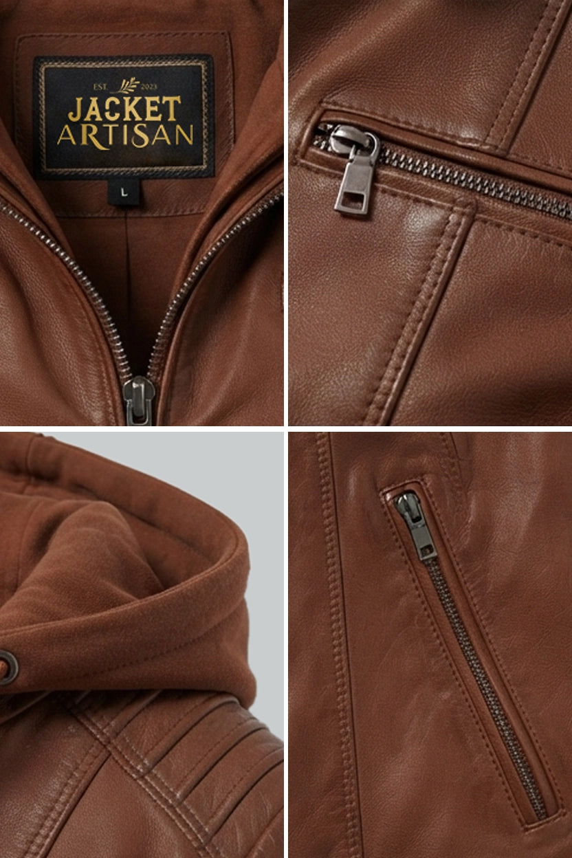 Cognac braune Lederjacke für Damen mit abnehmbarer Kapuze