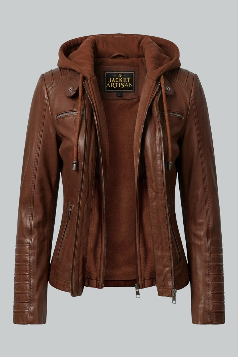 Cognac braune Lederjacke für Damen mit abnehmbarer Kapuze