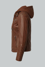 Cognac braune Lederjacke für Damen mit abnehmbarer Kapuze