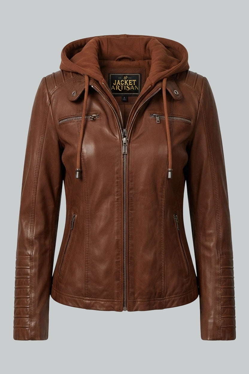 Cognac braune Lederjacke für Damen mit abnehmbarer Kapuze