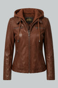 Cognac braune Lederjacke für Damen mit abnehmbarer Kapuze