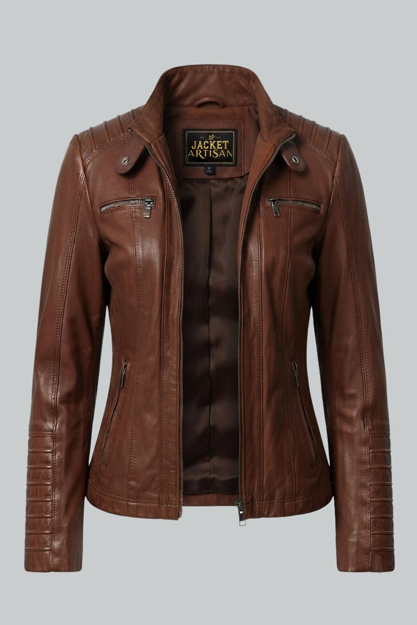 Cognac braune Lederjacke für Damen mit abnehmbarer Kapuze