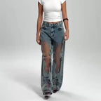 Jeans Mit Vintage Mesh Patchwork Print