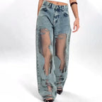 Jeans Mit Vintage Mesh Patchwork Print