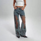 Jeans Mit Vintage Mesh Patchwork Print