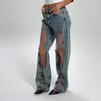 Jeans Mit Vintage Mesh Patchwork Print