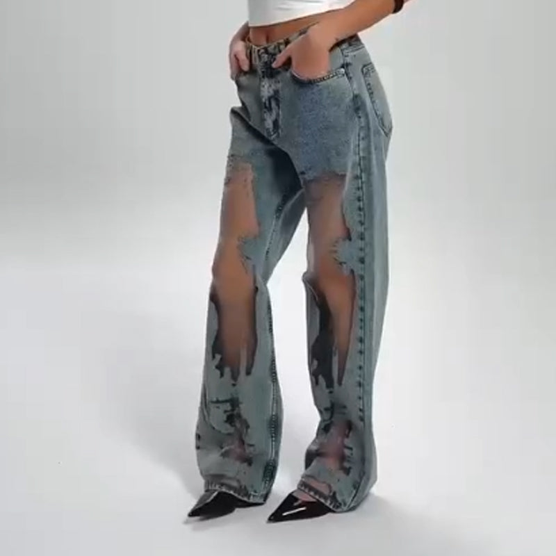 Jeans Mit Vintage Mesh Patchwork Print